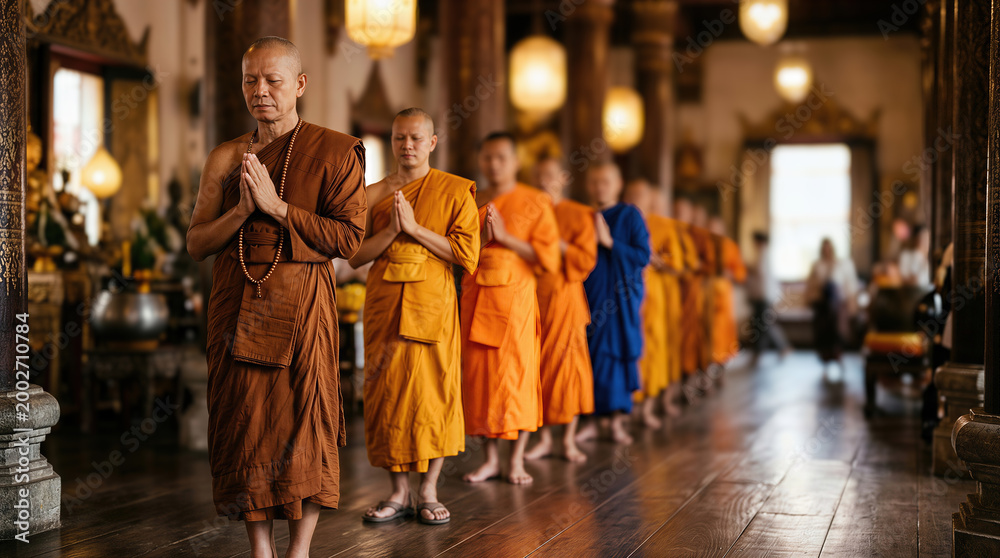 Naklejka premium Buddhist monks in traditional orange and brown robes walking in a line inside a temple, wooden interior and decorative elements visible in the background