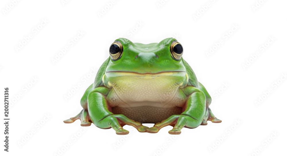 Fototapeta premium Green frog sitting isolated on transparent background looking forward