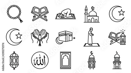 Islamic cultural symbols and icons in circular frames for digital use now