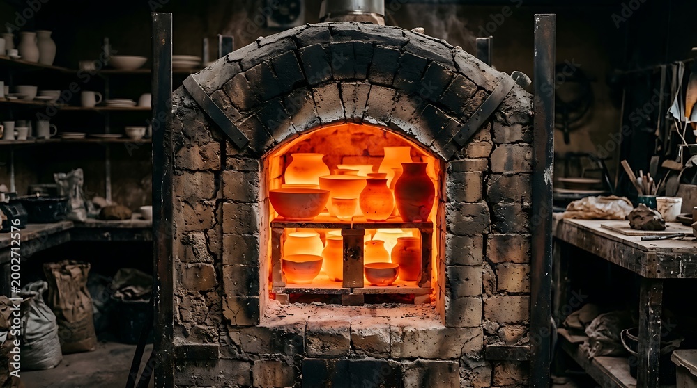 Fototapeta premium Traditional Brick Kiln with Glowing Red Hot Ceramic Vessels in Rustic Workshop