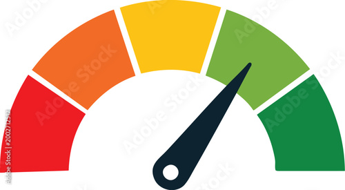 Colorful performance indicator gauge with a needle pointing to the green zone a versatile vector graphic for measuring quality progress or risk levels isolated on white Background