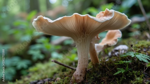 Mushrooms growing in a forest, likely a wild variety.