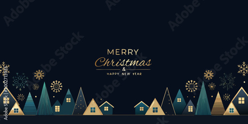 festive christmas banner with trees and snowflakes dark blue background