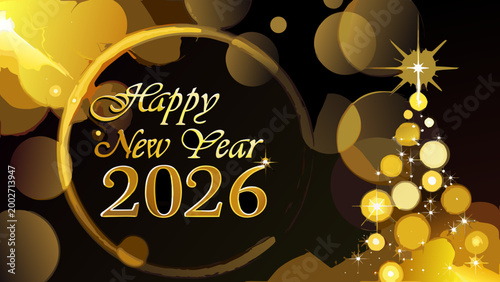 golden new year greeting card with text and bokeh