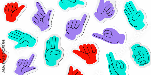 hand gesture icons colorful line art on white background