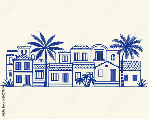 blue line drawing of a coastal village with palm trees