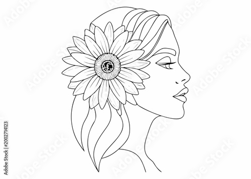woman with flower headpiece continuous line drawing black and white