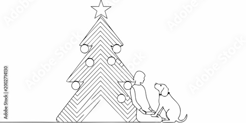 Line drawing of christmas tree with person and dog minimalist style