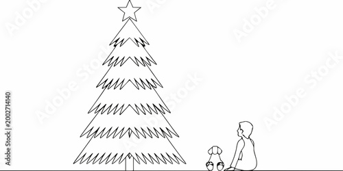 Line drawing of christmas tree and person with dog minimalist style