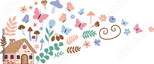 Whimsical illustration of a house surrounded by colorful flowers leaves and butterflies in a playful and dreamy scene