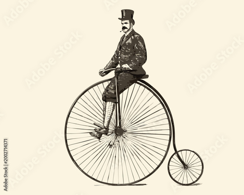 engraving of a man riding a high wheel bicycle