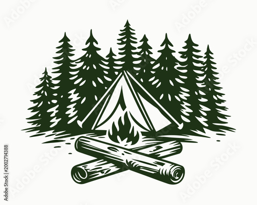Camping scene illustration with tent campfire and pine trees
