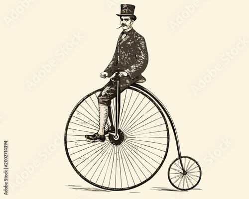 Engraving of a gentleman riding a vintage high wheel bicycle