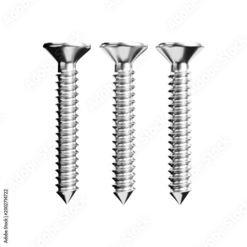 Halftone dotted screw set illustration in monochrome minimal style, representing hardware, fastening, construction and repair concept isolated on white background.