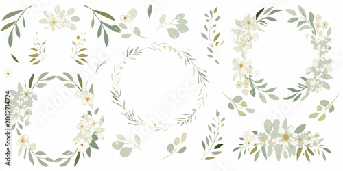 Floral wreaths and leaves delicate vector illustration on white background