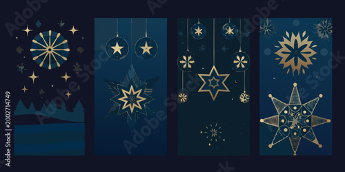 geometric gold holiday card designs with star and snowflake motifs