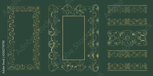 gold ornate borders and frames on dark green background