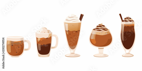 various coffee drinks in glasses vector illustration