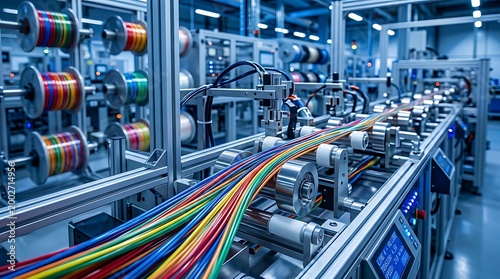 Industrial Manufacturing Machine with Colorful Wires in High-tech Factory