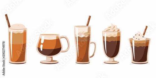 various iced coffee drinks in glasses vector illustration