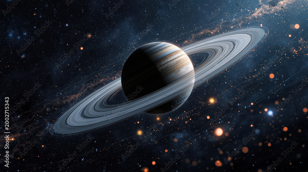Naklejka premium Ringed gas planet with glowing starfield and dynamic energy pulses in deep space