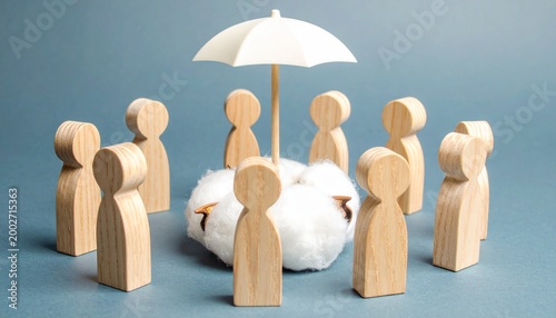 Umbrella Protecting Cotton with Wooden Figures – Care Visual for Editorial, Lifestyle, or Empowerment Branding Themes