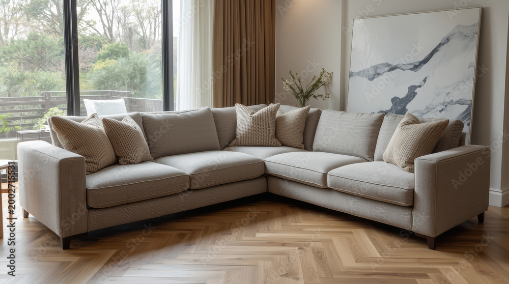 Fototapeta premium Modern beige sectional sofa with textured throw pillows in bright living room