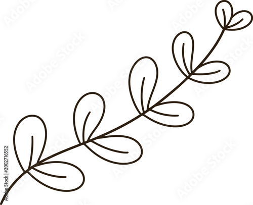 Hand drawn leaf branch doodle icon black line art minimalist botanical cartoon sticker design