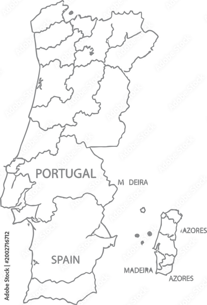 Obraz premium Simple outline map of portugal with borders including madeira and azores islands and neighboring spain