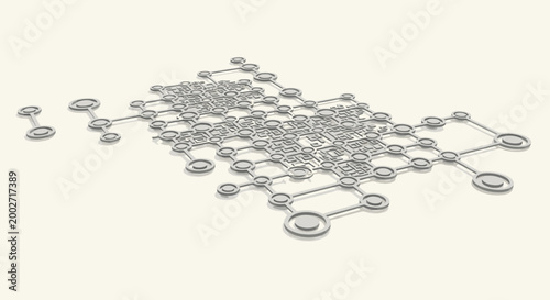 Abstract 3D rendering of a complex molecular structure or network on a light background