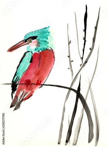 Colorful Kingfisher Bird Sitting on a Branch Hand Painted Watercolor