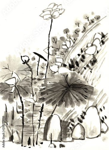 Original Hand Painted Ink Wash Abstract Lotus Leaves and Flowers in Oriental Style
