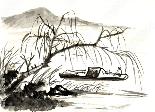 Original Hand Painted Ink Wash Landscape with Willow Tree and Boat