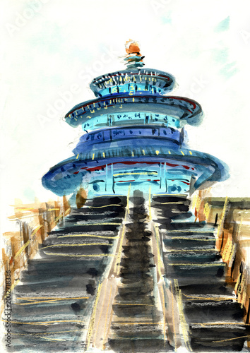 Original Hand Painted Watercolor of Temple of Heaven Beijing China