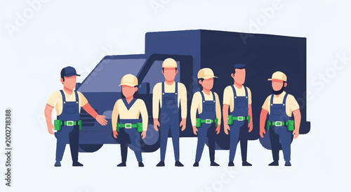Professional Team of Service Workers and Movers Standing with Delivery Truck Flat Illustration