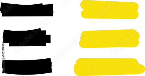 Highlighter line marker strokes lines vector set. Black or yellow watercolor hand drawn highlight collection. Marker pen highlight strokes.