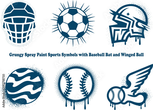 Grungy spray paint sports symbols featuring basketball, soccer ball, football helmet, baseball, and a winged ball design