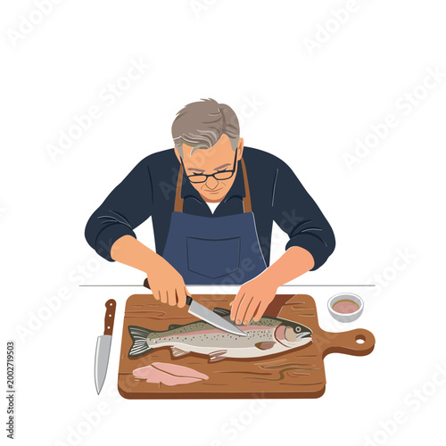 Man cutting fish on a wooden board in a kitchen