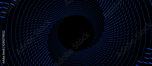 Electric blue dashed spiral vortex with dense concentric rotating tracks surrounding a deep black circular center on black background, futuristic vector texture.