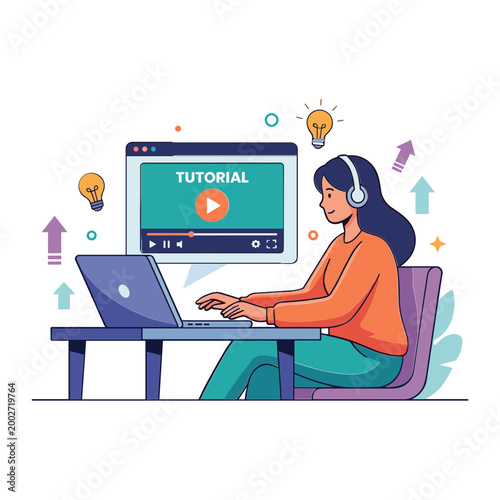 Woman wearing headphones sits at desk with laptop watching online tutorial