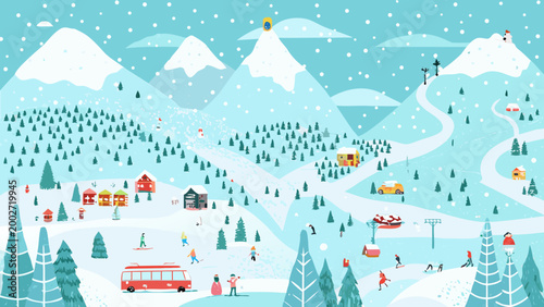 winter ski resort illustration with snowy mountains and skiers