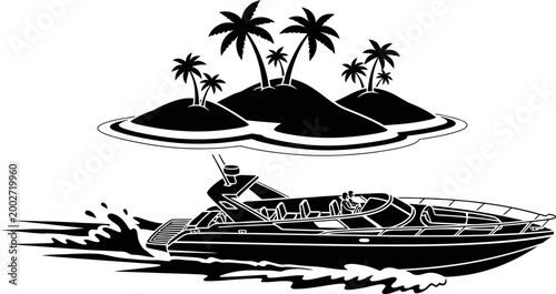 Speedboat cruises past a tropical island with palm trees under the bright summer sun.