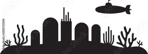 A submarine navigates an underwater city skyline with coral reefs and aquatic plants with underwater