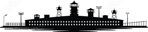 Fortress with guard towers and searchlights illustration with barbed wire fence and prison walls