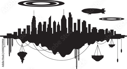 Futuristic city skyline with floating islands and airship vector illustration with science fiction