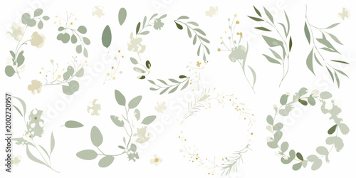 Floral wreaths and leaves watercolor style illustration