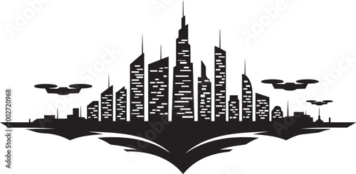 Futuristic cityscape skyline with modern buildings and drones flying in the air vector with advanced