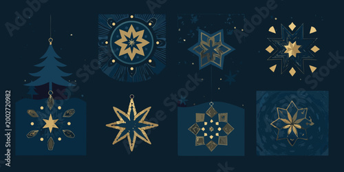 geometric holiday cards with gold snowflake and tree designs