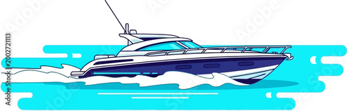 Motorboat glides across the blue ocean waves leaving a trail of white sea foam behind its sleek hull.