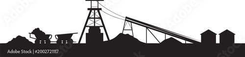 Mining industry landscape with mine shaft carts and piles of coal illustration with industrial